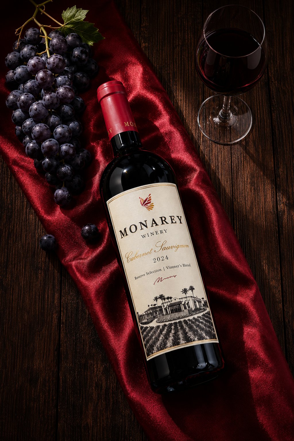 Monarey 2024 Cabernet Sauvignon Reserve Selection on red silk with grapes and a glass of wine