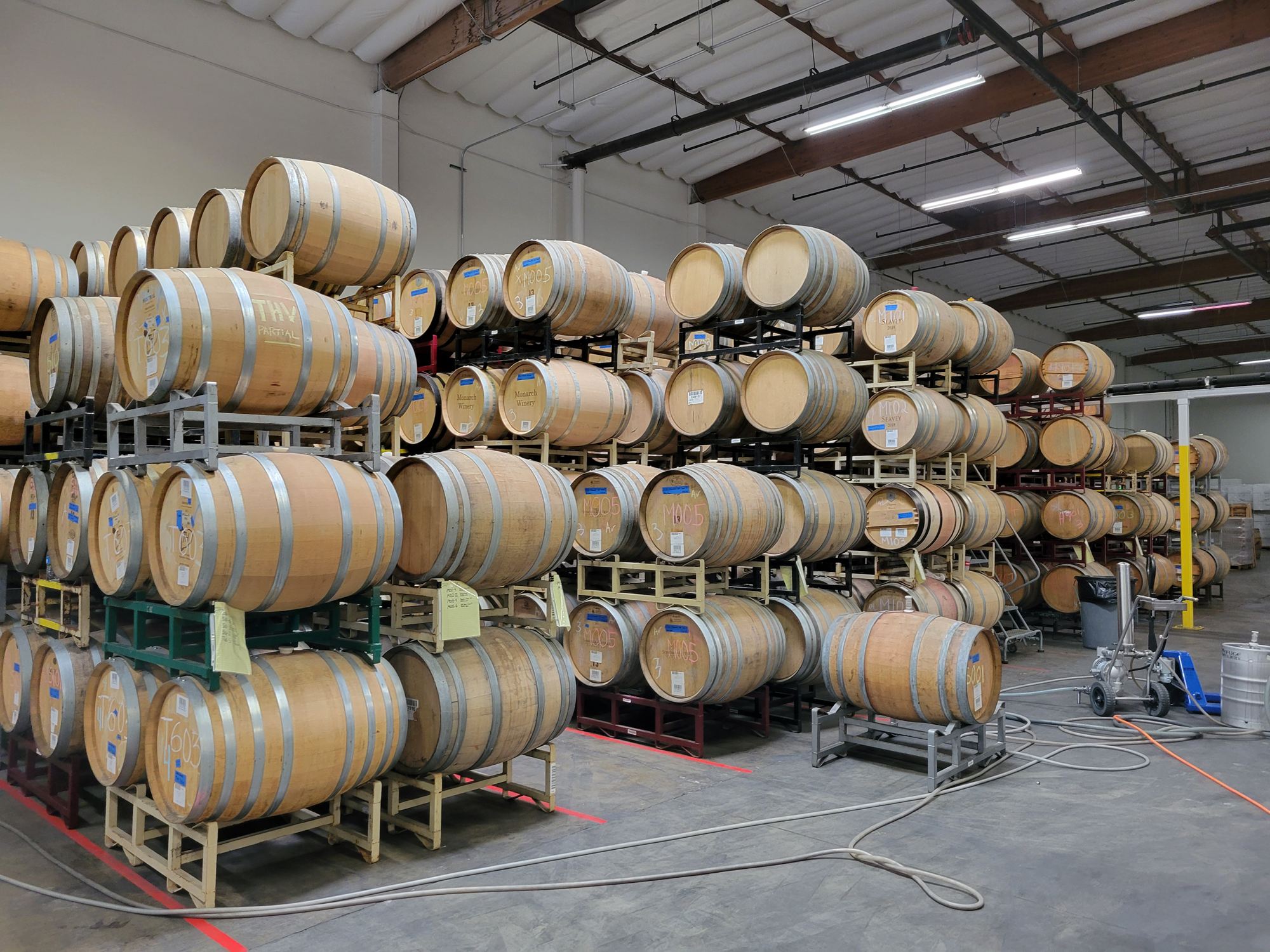Rows of oak barrels stacked in the winery