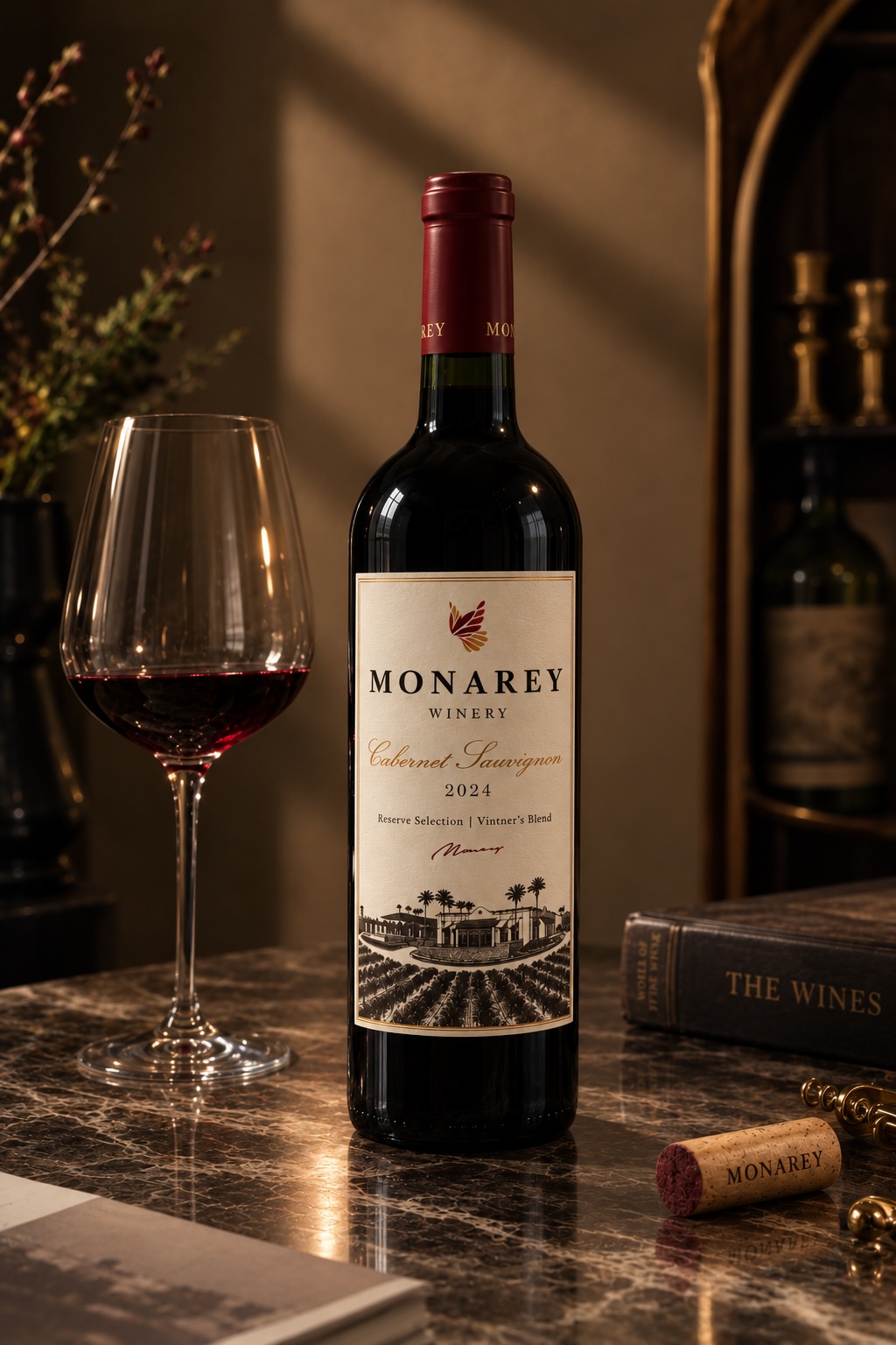A bottle of Monarey 2024 Cabernet Sauvignon Reserve Selection beside a glass of red wine in warm evening light